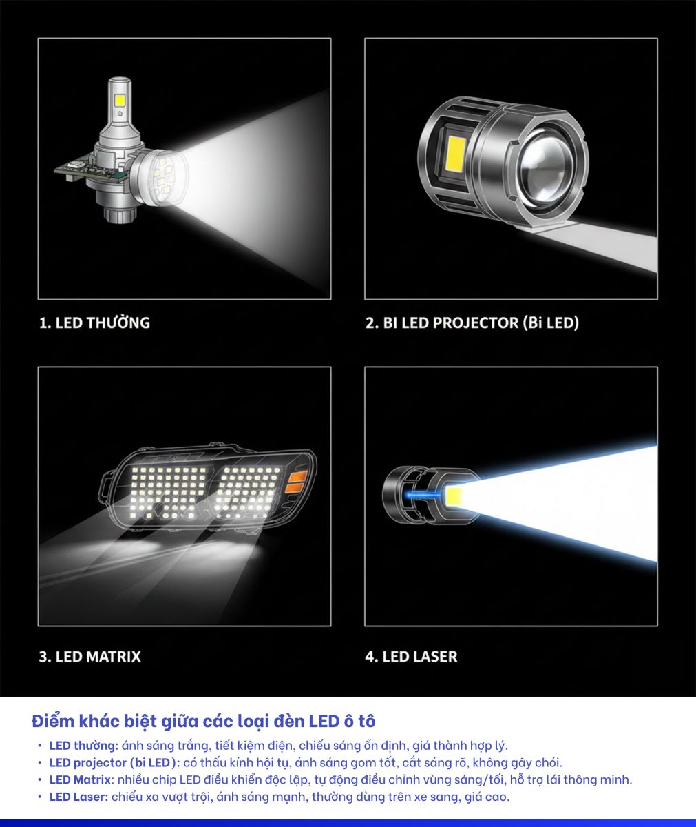 Điểm khác biệt giữa các loại đèn LED ô tô