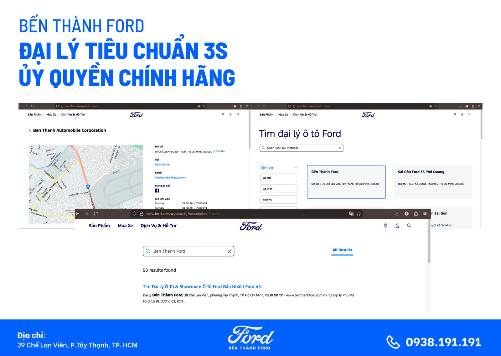 Thông tin Bến Thành Ford được hiển thị trong hệ thống tìm đại lý trên website chính thức của Ford Việt Nam