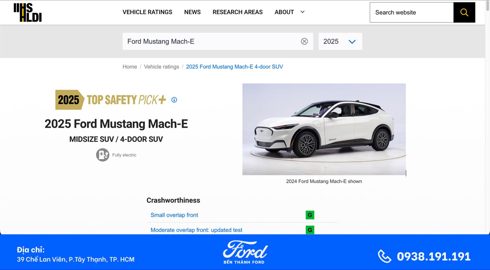 giả thưởng Mustang Mach-E trên website IIHS